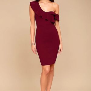 Burgundy Ruffled One-Shoulder Bodycon Midi Dress